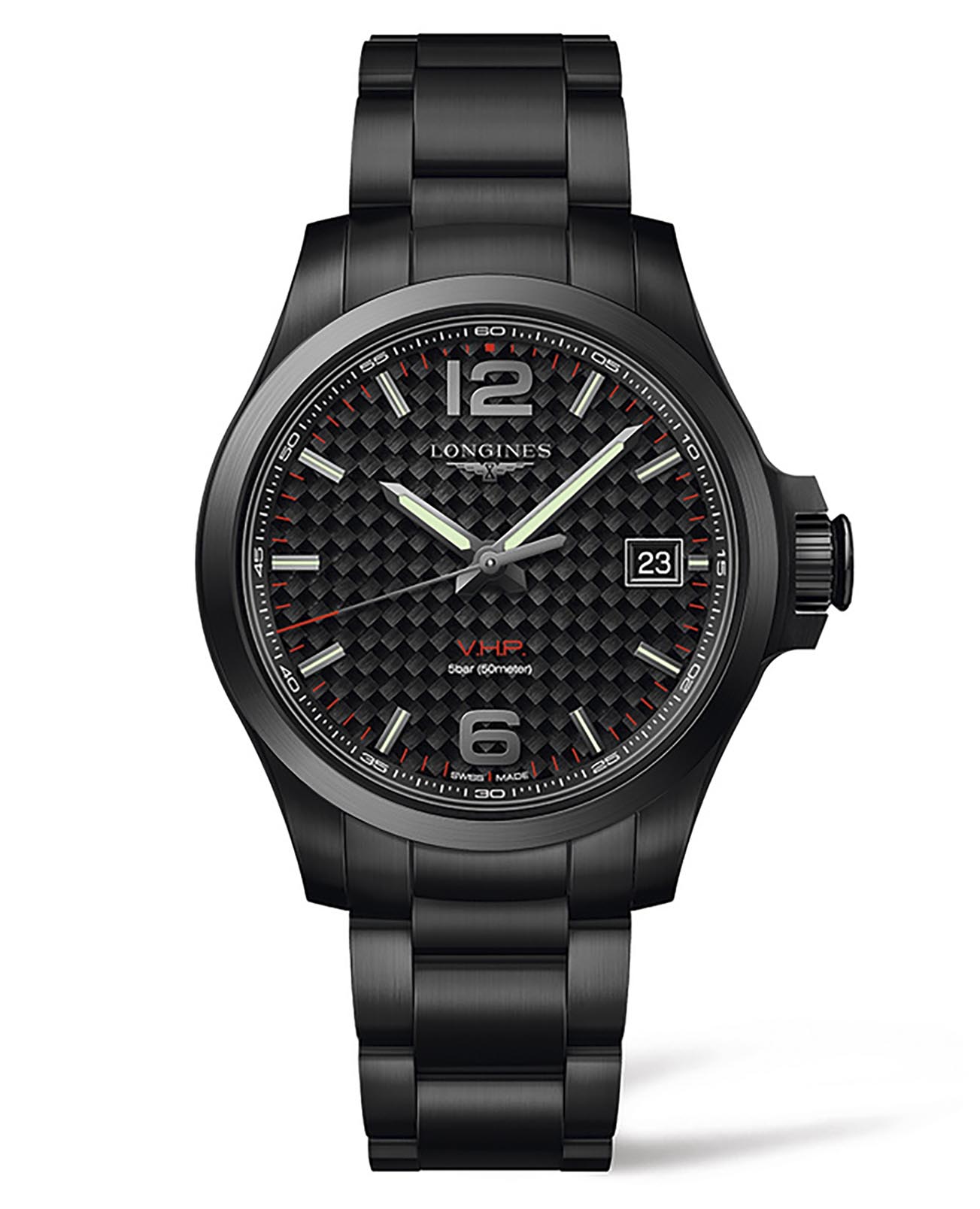 Longines Longines Conquest V.H.P. L3.716.2.66.6  L37162666 кварцевые мужские часы черный циферблат, браслет сталь c pvd покрытием — вид спереди